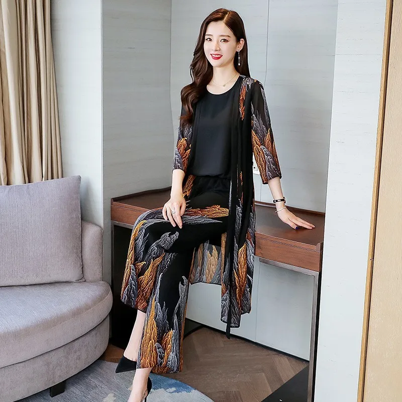 Summer New Women 3pcs Set Vintage Floral Printed Long Coat Wide Leg Pants Outfits Suit OL Style Elastic Waist Ensemble Femme