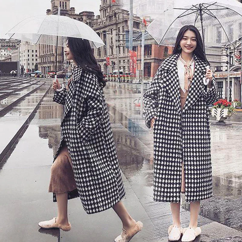 

CMAZ Large Size Autumn and Winter Women's Fat Girl Houndstooth Woolen Coat