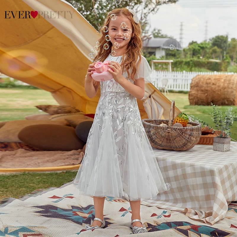 Princess Dress Girl Ever Pretty EK00734 New Cute A Line O Neck Sequin White Flower Girl Dresses For Wedding Party Birthday Gown stylish round neck flower print mini a line dress for girl