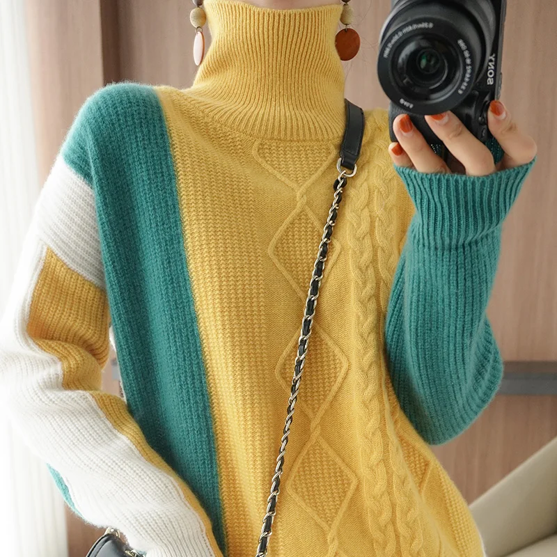 2023 Autumn And Winter New Cashmere Sweater Turtleneck Pullover Color Matching Loose And Thin Wool Knit Sweater Base Sweater y2a