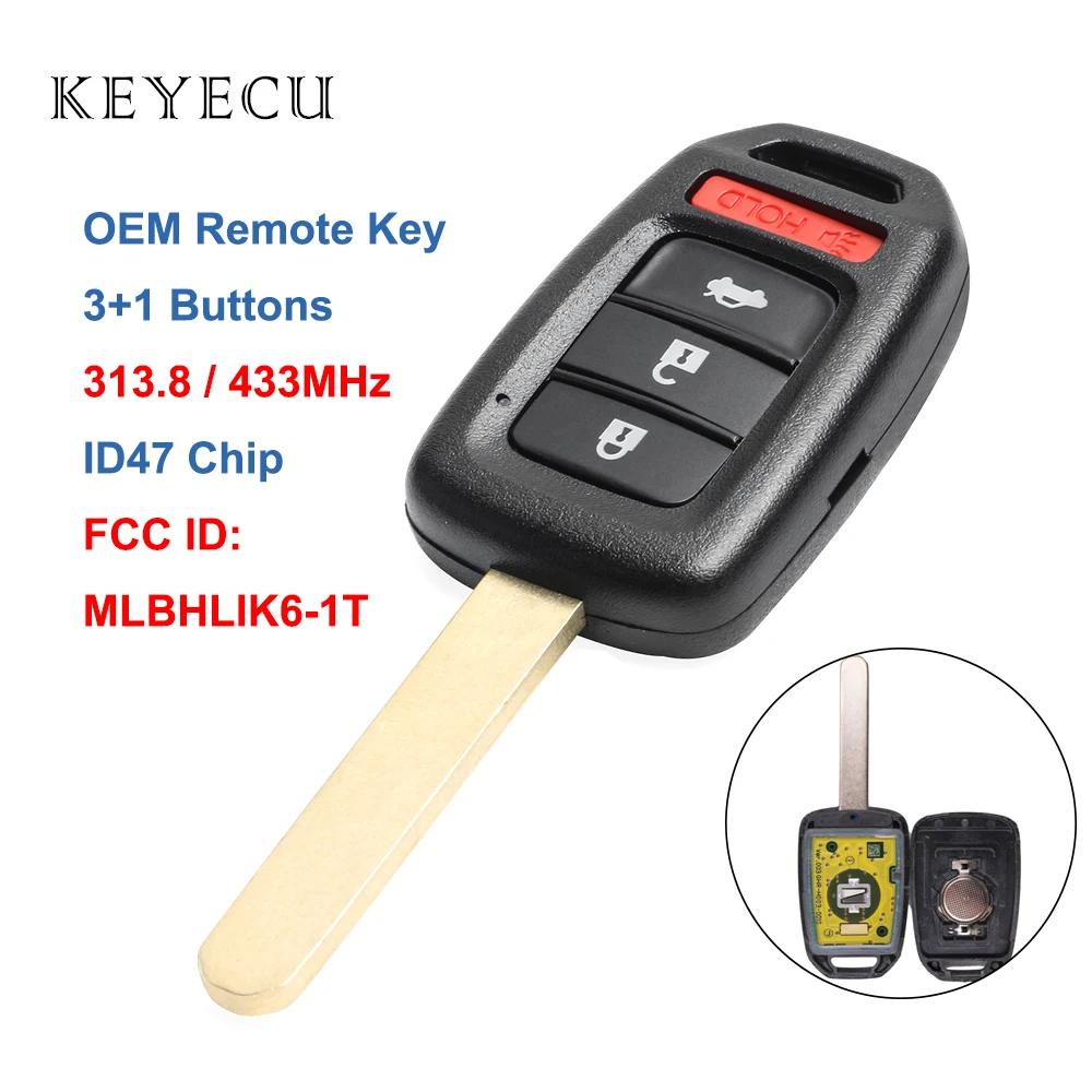 Keyecu OEM Remote Car Key Fob 3 Button 313.8mhz / 433MHz ID47 Chip for Honda Accord Civic 2013 2014 2015 2016 FCC ID:MLBHLIK6-1T