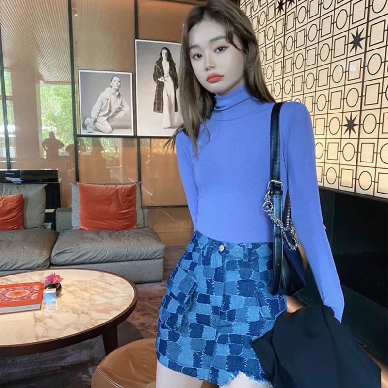 

Plaid Denim Skirt High Waist Denim Skirt Women's A line High Waist Denim Skirt Anti Exposure Tassel Tight Casual Sexy Fashion