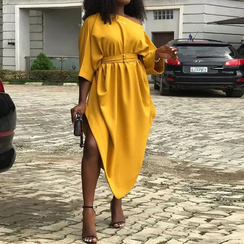 Африканская мода желтая Асимметричная туника с высокой талией платье для женщин