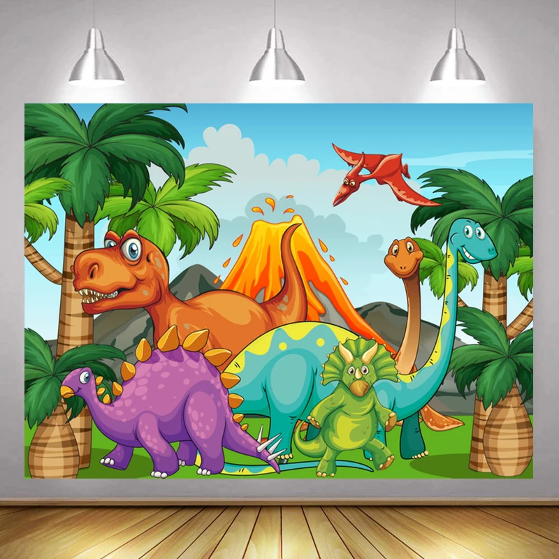

Cartoon Volcano Coconut Tree Dinosaur World Background Child Birthday Party Decoration Studio Photography Photo Vinyl Backdrop