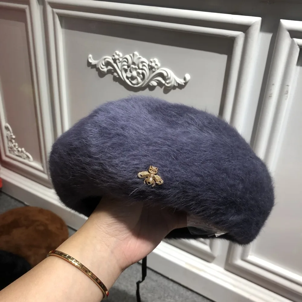 Женская шерстяная шапка, однотонные береты, женская шапка, Золотая Пчела, кролик, меховые шапки, женские художники, все совпадающие теплые шапки
