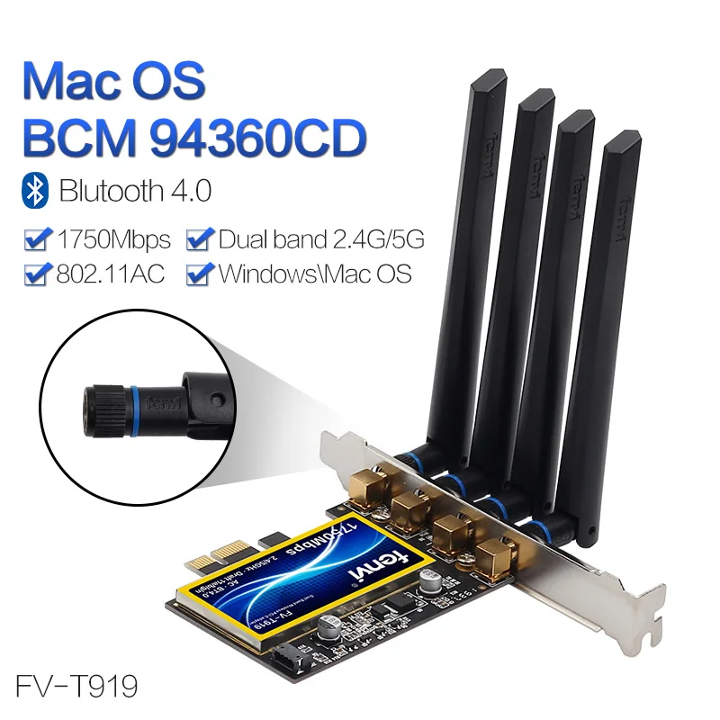 Двухдиапазонный 1750 Мбит/с FV-T919 BCM94360CD 802.11AC WIFI Настольный беспроводной адаптер PCI-E