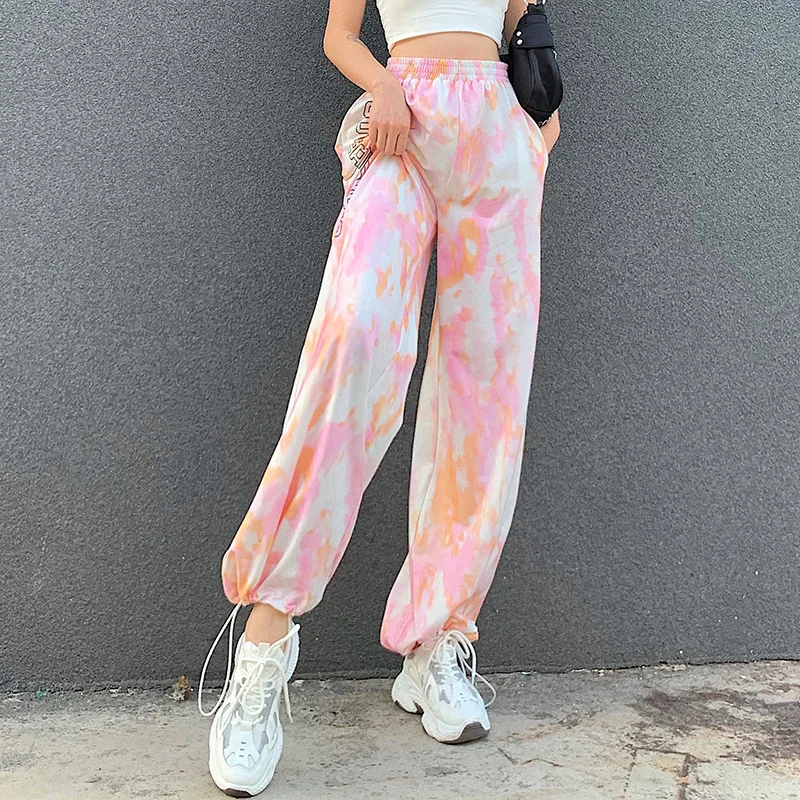 

TRODEAM Fashion Tie dye Pink Letter Printing Loose Casual Pants y2k aesthetic Streetwear High Waist Straight Pant Trousers Women