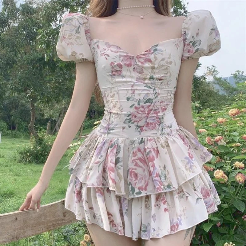 

Sexy Party Mini Dresses Summer 2021 Ladies Print Puff Sleeve Club Outfits for Women Cute Bodycon Kawaii Beach Vintage Dress Boho