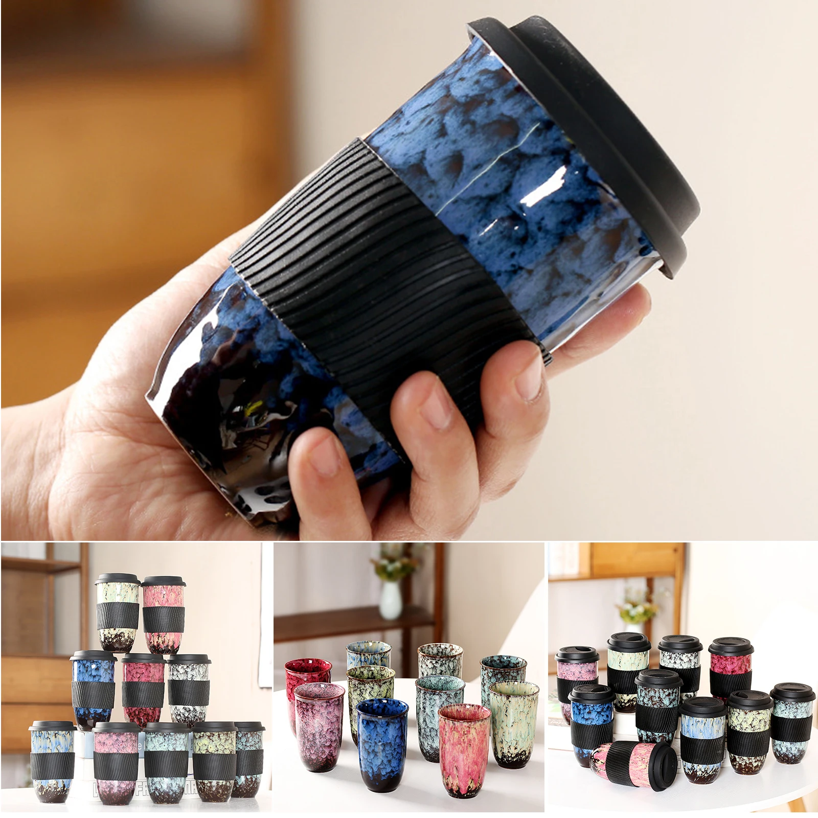 

Tasse En Silicone Couleur Avec Couvercle Tasse Anti-brûlure Ceramic Mug With Silicon Lid And Sleeve Large Portable Reusable