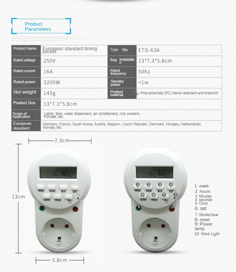 

Electronic Timer Socket Eu Standard Digital Display Programmable Cycle Time-Controlled Socket Russian German Specifications