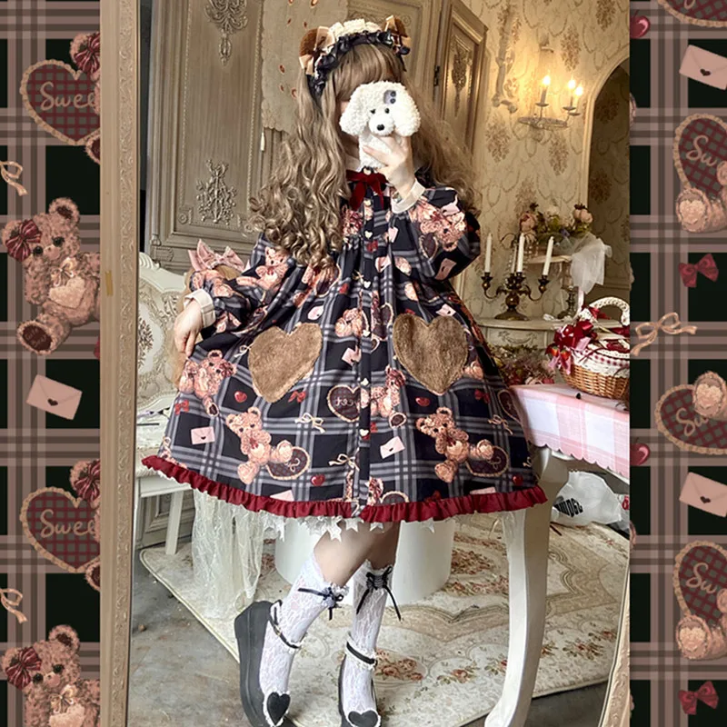 

Christmas Op Autumn Winter Trench Peter Pan Collar Long Dress Lolita Sweet Girl Cute Bear Cute Printing Cosplay Cos Loli