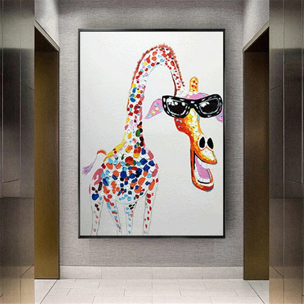 

Handmade Abstract cartoon Oil Painting On Canvas Modern funny animal giraffe Wall Hangings Pictures Canvas Art kid room Decor
