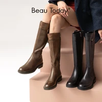 beautoday knee high boots women cow leather long booties side zip metal buckle round toe fashion female shoes handmade 01437