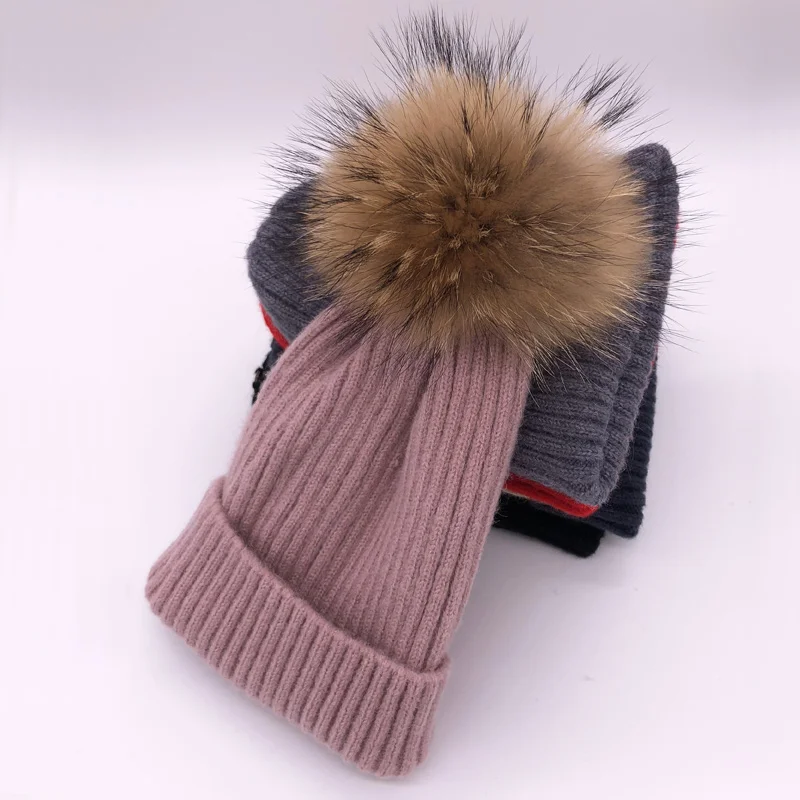 pink Raccoon fur Зимняя Весенняя вязаная шерстяная шапка Skullies повседневная женская шапка натуральный помпон из лисьего меха шапки - Цвет: pink Raccoon fur