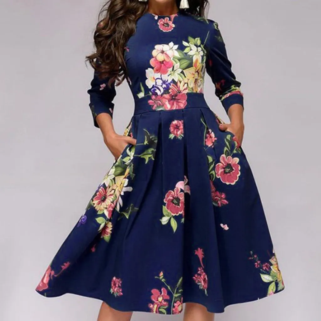 

Fall Clothes For Women 2021 Fashion Sexy Women Elegent A-line Vintage Printing Party Vestidos Dress Plus Size Robe Noel Femme