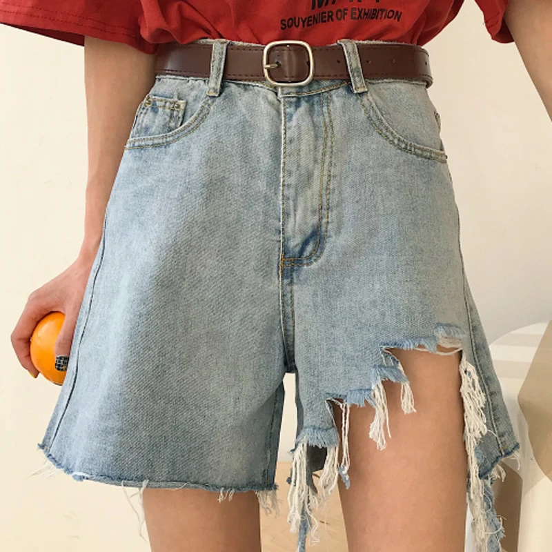 

Shorts Women Ulzzang Trendy Loose Denim Short All-match Womens Summer Pocket Sashes Elegant Students Wide Leg Hole Leisure Solid