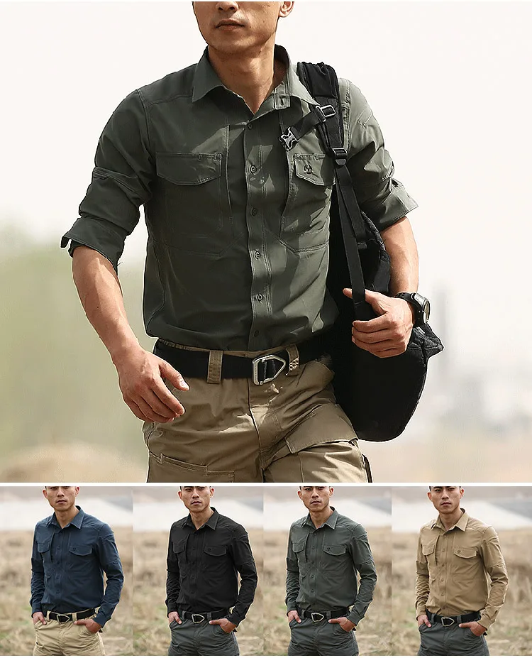 Military Stretch Quick Dry Shirts Men Fashion Dress Male Long Sleeve Slim Fit Business Casual Shirt Camisa for Man