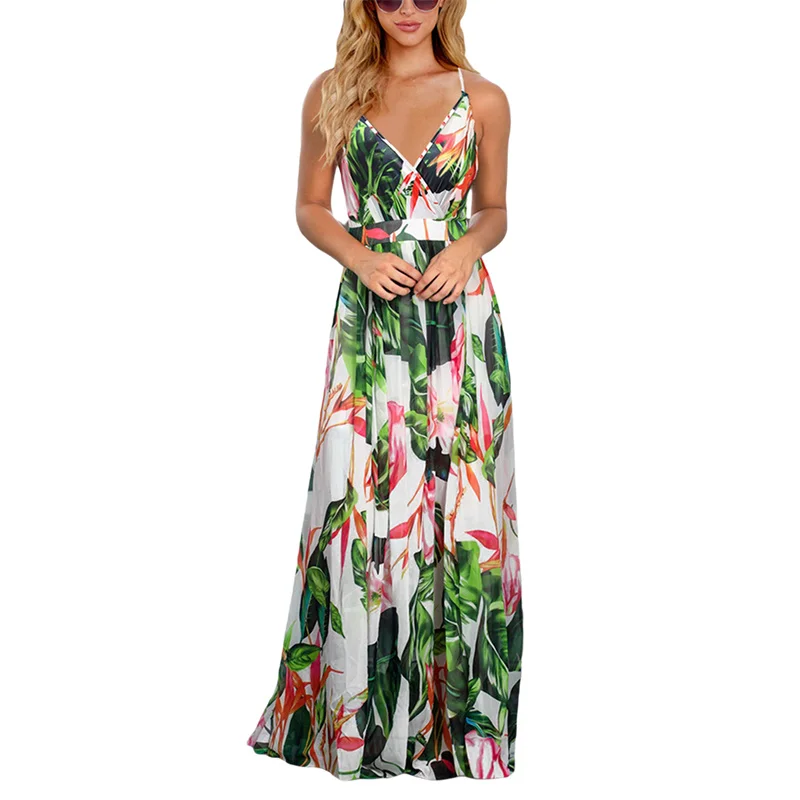 

Women Summer Bohemian Floral Spaghetti Dress Ladies Casual Backless Sleeveless Printed dresses Party Vacation
