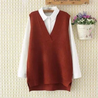 autumn preppy style knitted vest sweaters women elegant v neck sleeveless solid color long pullovers female all match loose tops