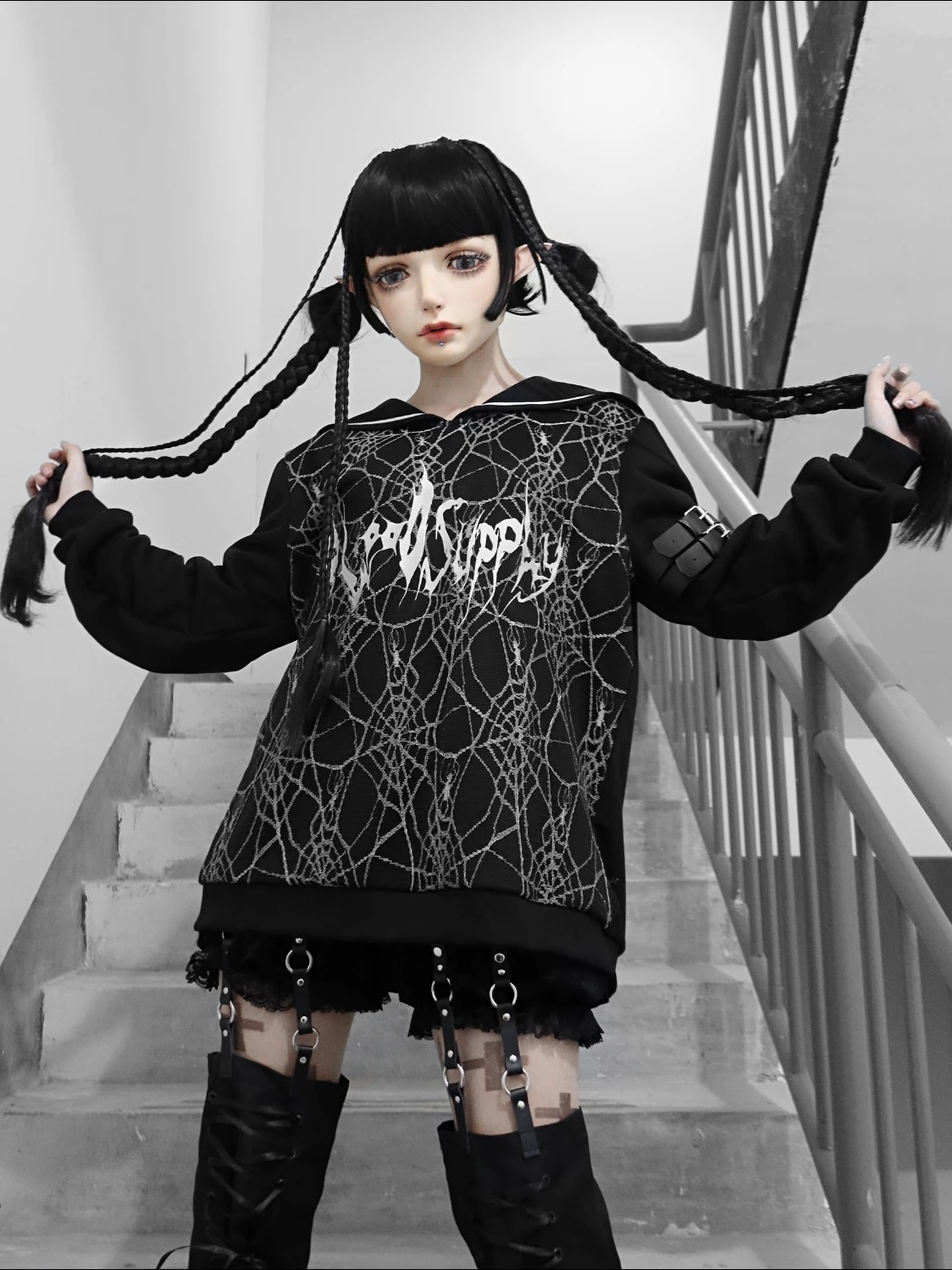 Original Women Arachnoid Dark letters Embroidery Navy sailor collar punk gothic loose sweatshirt girls pullover autumn