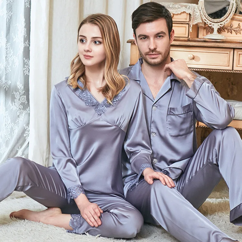 

Silk Couples Pajamas Suit V-neck Long Sleeve with Trousers Lace Design Suit Home Clothes for Men and Women Silk Solid Pajamas