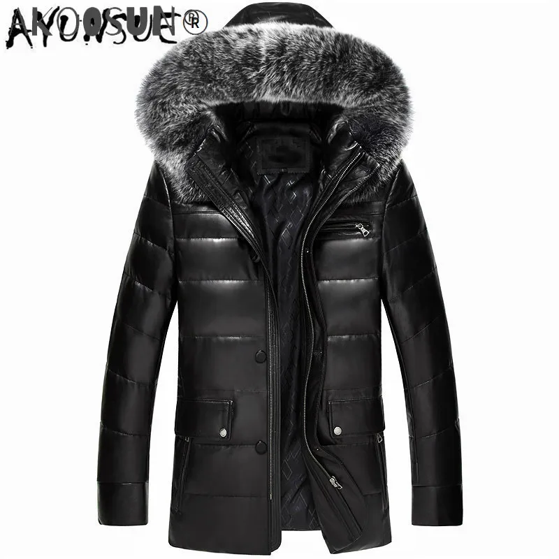 

AKOOSUN Winter Genuine Leather Coat Men Leather Down Coat Fox Fur Hooded Thick Real Leather Sheepskin Coat MC16C601 LWL1074