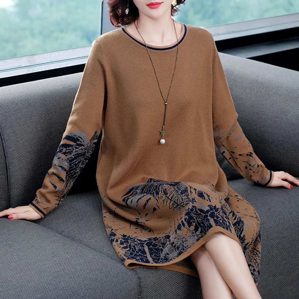 Платье Осеннее трикотажное повседневное сексуальное платье с круглым вырезом и