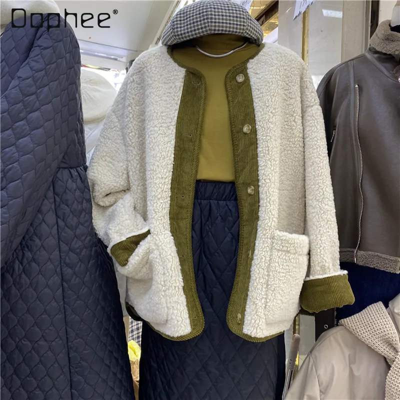 

Winter Clothes Korean Fashion Retro Corduroy Stitching Lamb Wool Coat Women's 2021 Round Neck Fur Integrated Long Sleeve Jacket