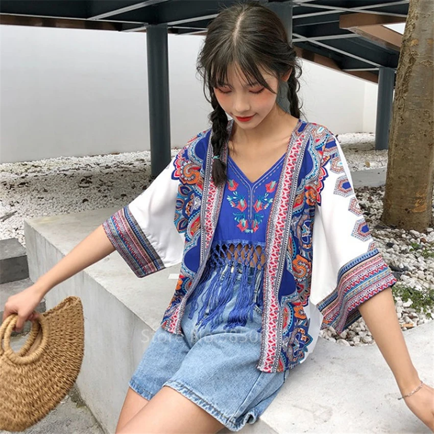 Japanese Cardigan Kimono Women Girls Shawl Summer Fashion Beach Vacation Outfit Suspenders Print Flowers Casual Style |