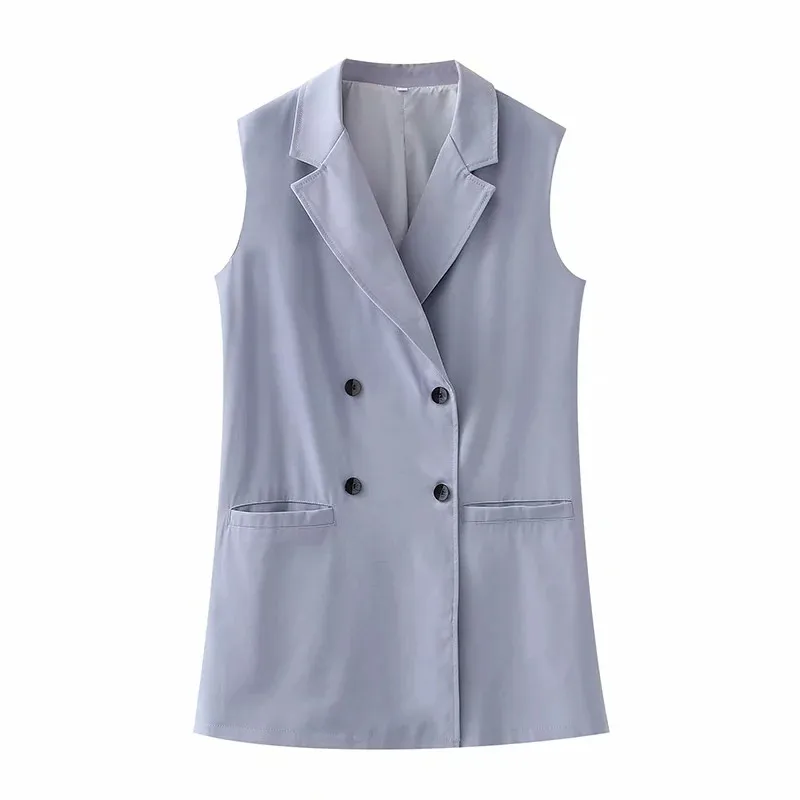 

Merodi Женская мода, двубортные карманы, синяя длинная верхняя одежда, Офисная модель 2021, новая летняя Свободная куртка, жилет