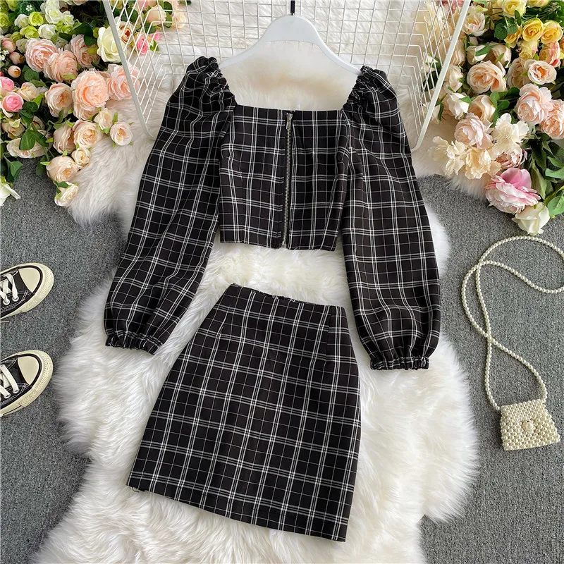 

2021 Summer New Women Fashion Long Sleeve Spuare Collar Plaid Short Zipper Tops+High Waist Slim Skirt Two Piece Set Casual Suit