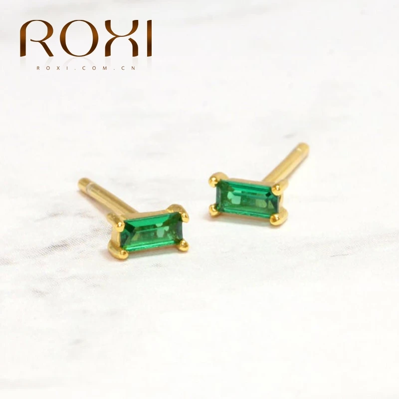 ROXI Luxury Square Emerald Green Stone Stud Earrings for Women Small Piercing Earings Kolczyki Cartilage 925 Sterling Silver