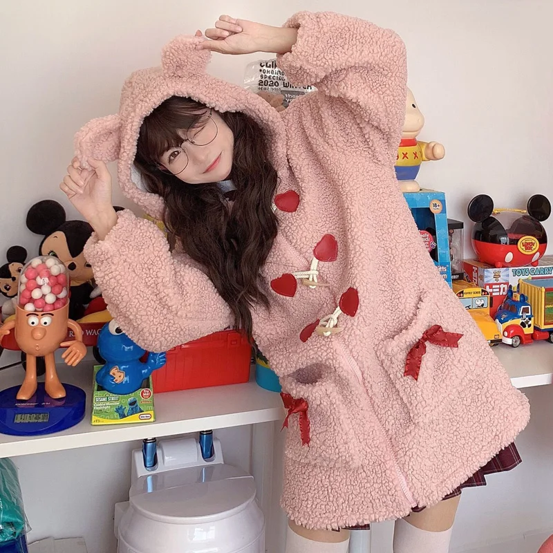 

Japanese Winter Sweet Women Coat Soft Girl Kawaii Bear Ear Hooded Cute Horn Button Bow Lambswool Pink Lolita Woolen Outerweat