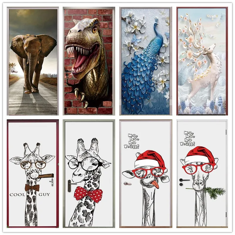 Черный белый цвет с рисунком жирафа двери плакат слон динозавр анималистический