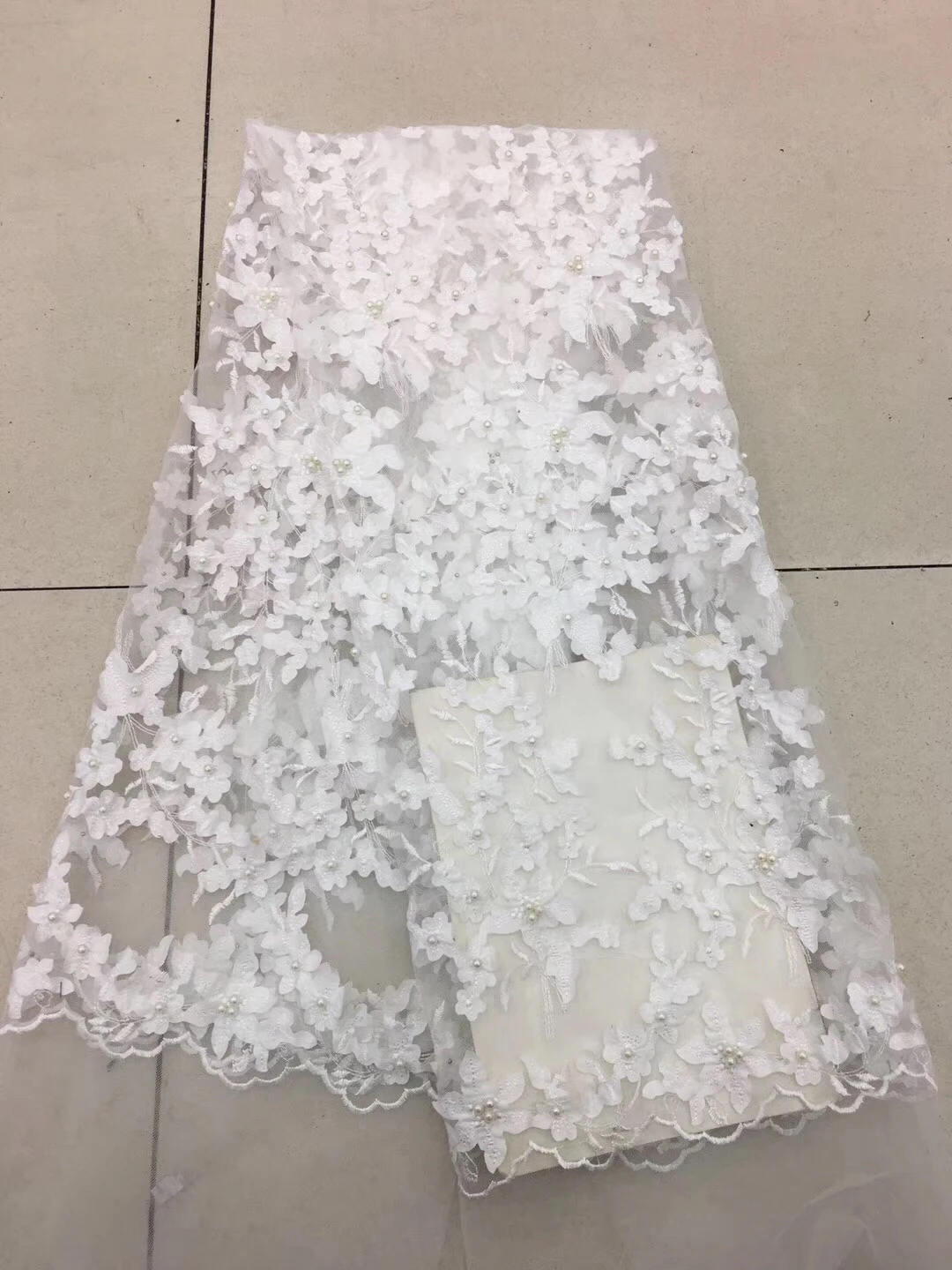 

Top Selling African Pure White Tulle lace High Quality African French Net Lace Fabric with heavy stones and beads