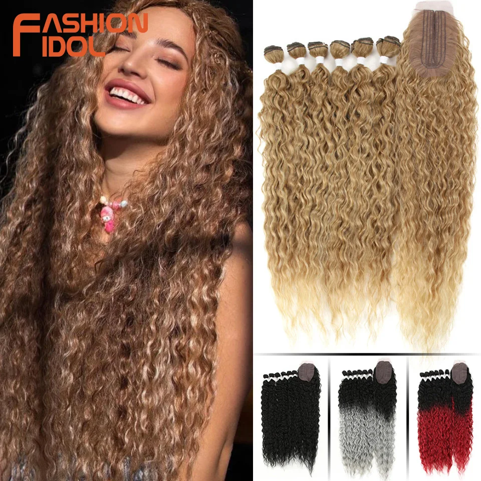 

FASHION IDOL Afro Kinky Curly Hair Bundles Extensions With Closure Ombre Blonde 30inch Soft Long Curly Hair Synthetic Weave Hair