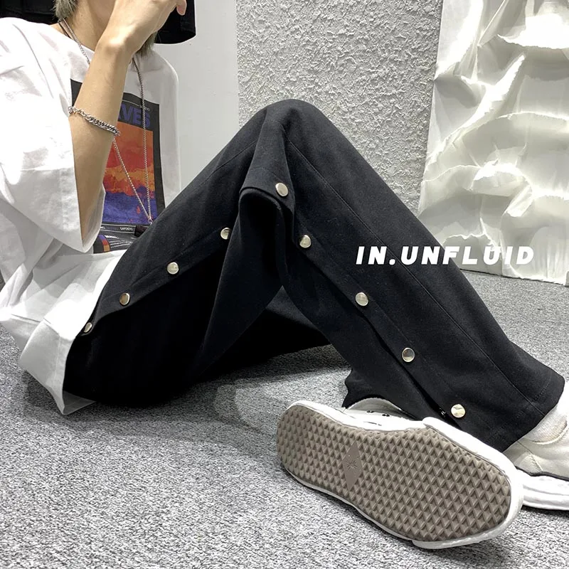 

Wide Leg Pants Men's Fashion Button Black White Casual Pants Men Streetwear Loose Hip-hop Straight-leg Pants Mens Trousers S-XL