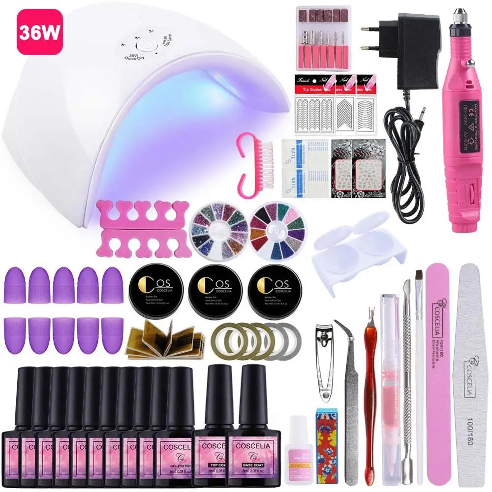 36W Nail Kit 01 24 Вт/36 Вт/54 Вт Светодиодная УФ-лампа для ногтей, маникюрный набор, акриловый набор для наращивания ногтей, 10 цветов, лак для ногтей, УФ-гель, все для маникюра - Цвет: 36W Nail Kit 01