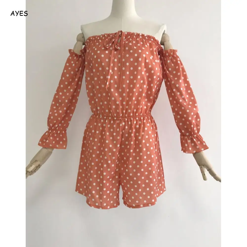 

2019 Lace Up Jumpsuits Summer Short Bohemian Jumpsuits Women Off Shoulder Sexy Rompers Polka Dot Long Sleeve Jumpsuits Femme