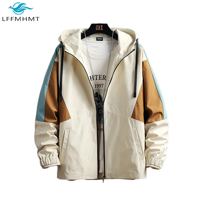 

Spring Autumn Fashion High Quality Patchwork Long Sleeve Hooded Coats Youth Hong Kong Style Handsome Zip Up Casual Loose Jackets
