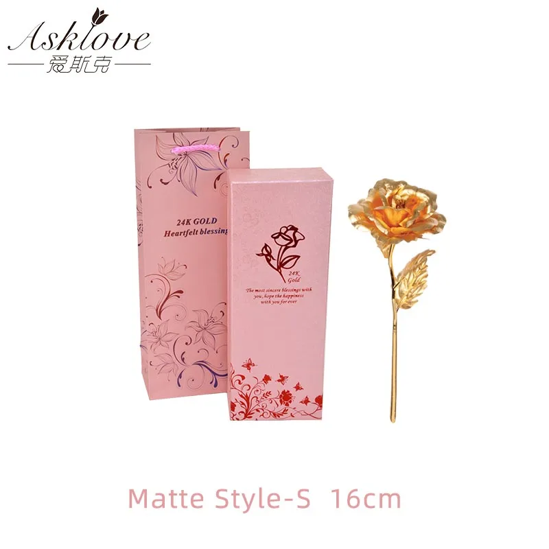 Matte style-S Asklove, 24 K, Золотая фольга, цветок розы, свадебное украшение, цветок, подарок подруге, любовник, позолоченные искусственные цветы, подарочная коробка - Цвет: Matte style-S