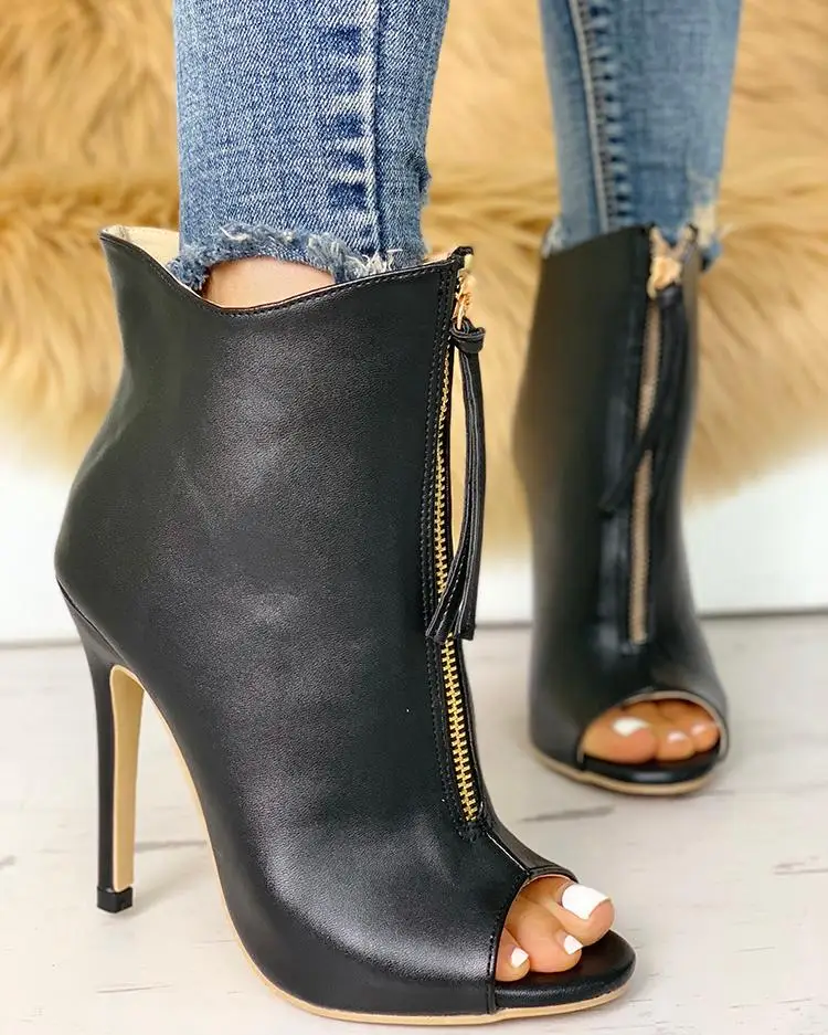 Замшевые ботинки на молнии с открытым носком тонком каблуке|Женские полусапожки|