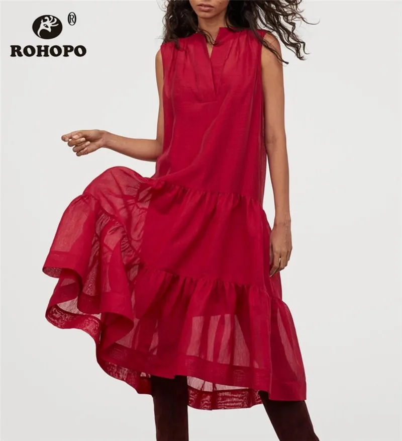 ROHOPO v-образный вырез без рукавов хлопок фарик красное миди платье каскадные
