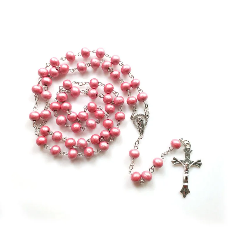 

QIGO Wood Catholic Rosary Necklace Long Vintrage Jesus Cross Pendant Religious Jewelry Six Colors