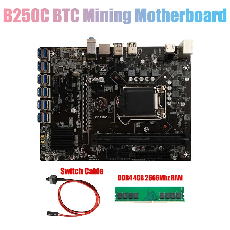 

Материнская плата B250C для майнинга BTC + DDR4 4 Гб 2666 МГц ОЗУ + кабель переключения 12xpcie на USB3.0 слот GPU LGA1151 материнская плата компьютера