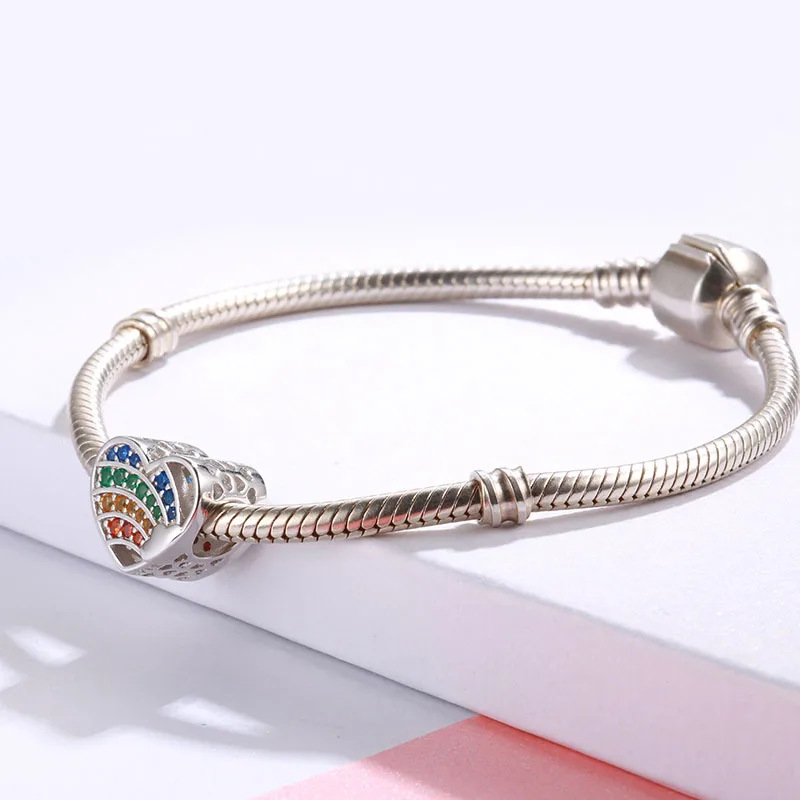 100% Стерлинговое Серебро 925 пробы полые красочные циркониевые радужные бусины