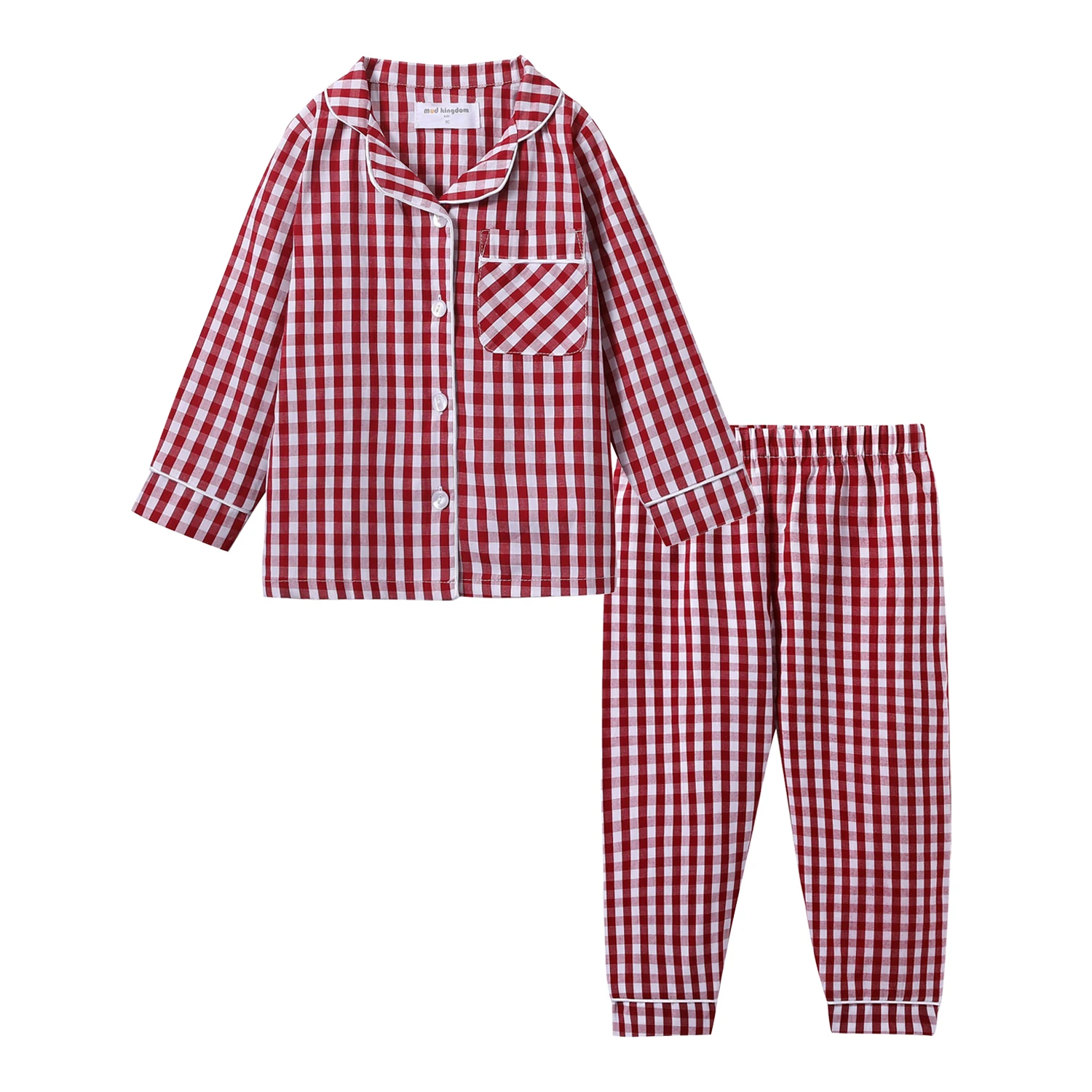 Mudkingdom Boys Girls Long Sleeve Pajamas Set Collared Plaid Autumn Cute Toddler Pajama Kids Sleepwear Children Clothes Pjs