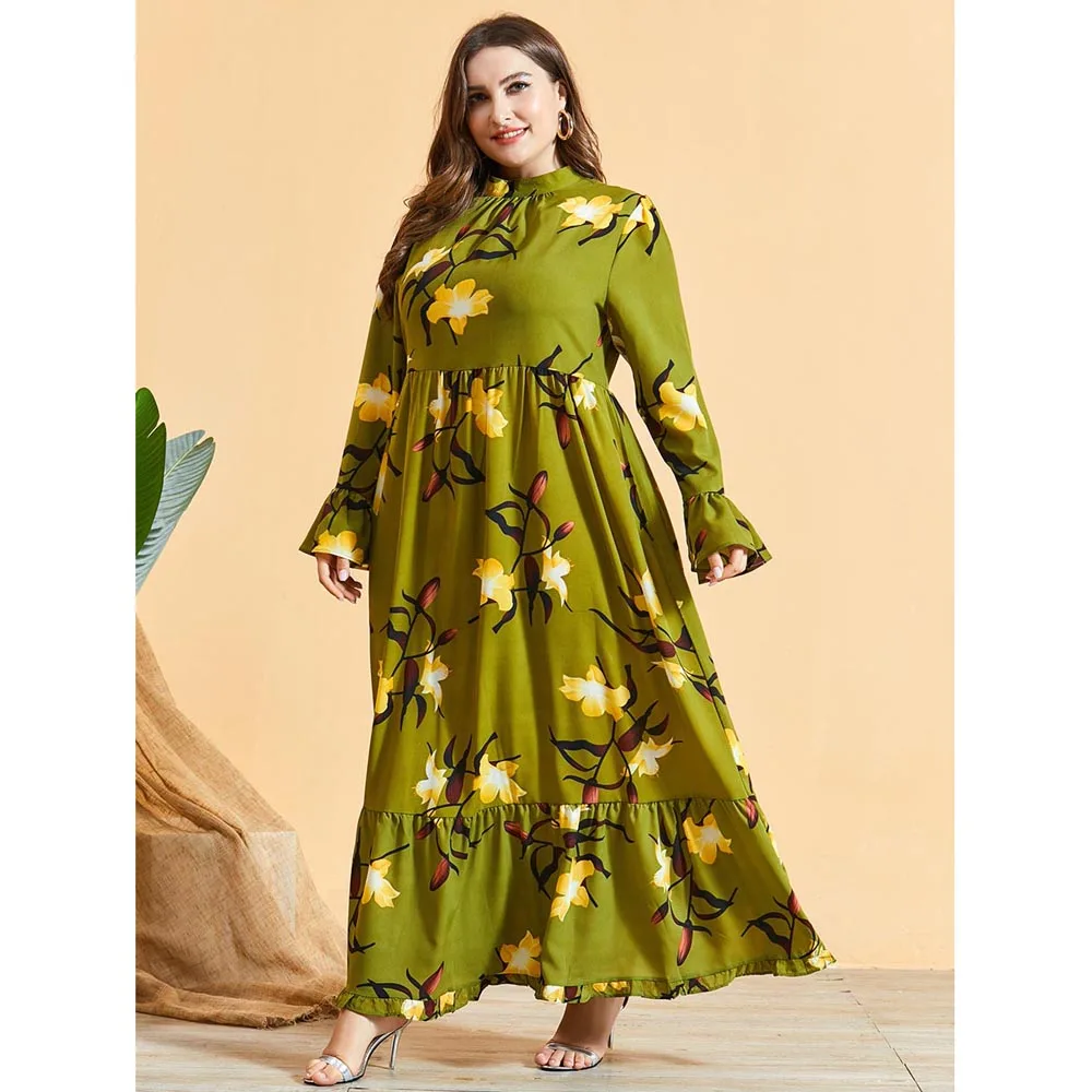

Muslim WomenFloral Printed Long Dress Plus Size Loose Casual Boho Holiday Caftan Maxi Robe Islamic Ramadan Arab Jilbab Gown New