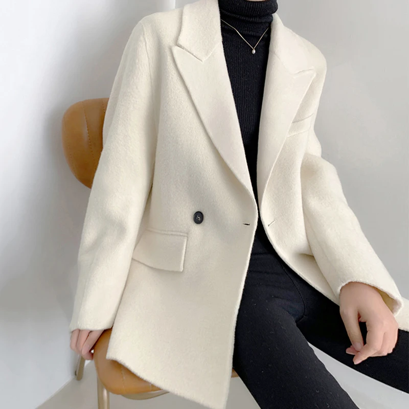 

White Loose Fit Brief Temperament Woolen Coat Parkas New Long Sleeve Women Fashion Tide Autumn Winter 2021 1DD3961