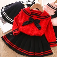girls fashion sweater set 2021 fall winter kids navy collar new college wind knitted toppleated skirt two piece sets outfits